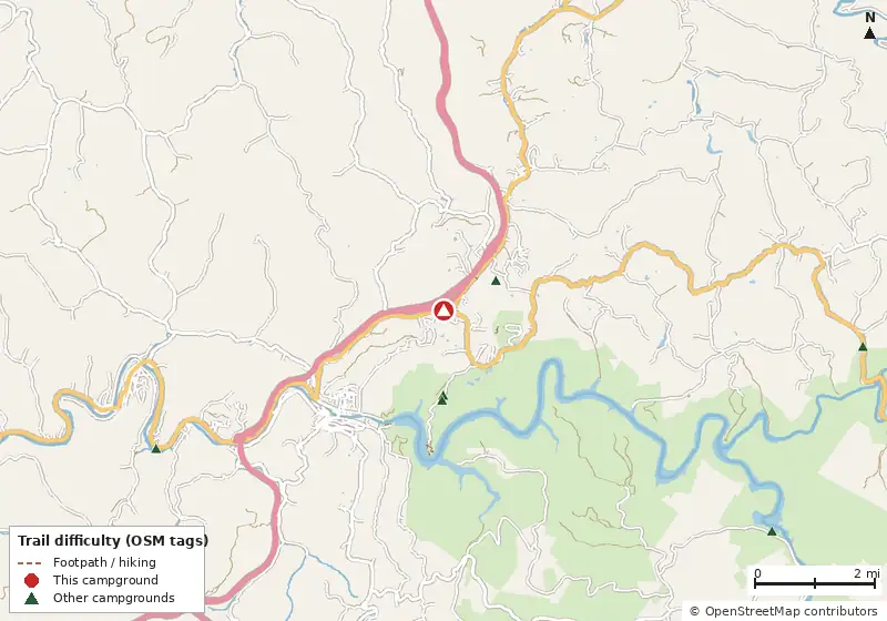 Map of roads, water and trails within about 5 miles of Skidmores RV Park