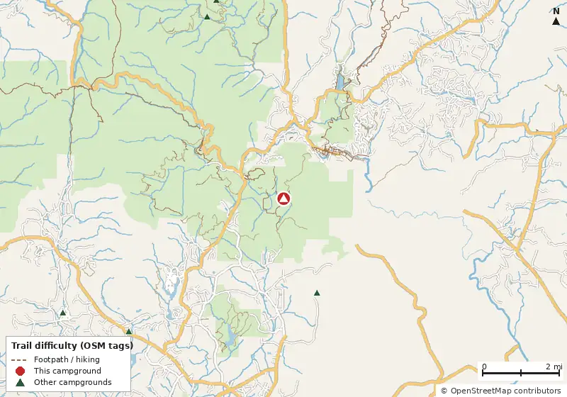 Map of roads, water and trails within about 5 miles of Smithgall Woods State Park Campground