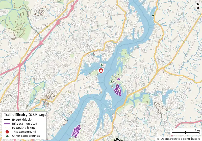 Map of roads, water and trails within about 5 miles of Smokemont Area, with bike trails colored by their OpenStreetMap difficulty tags