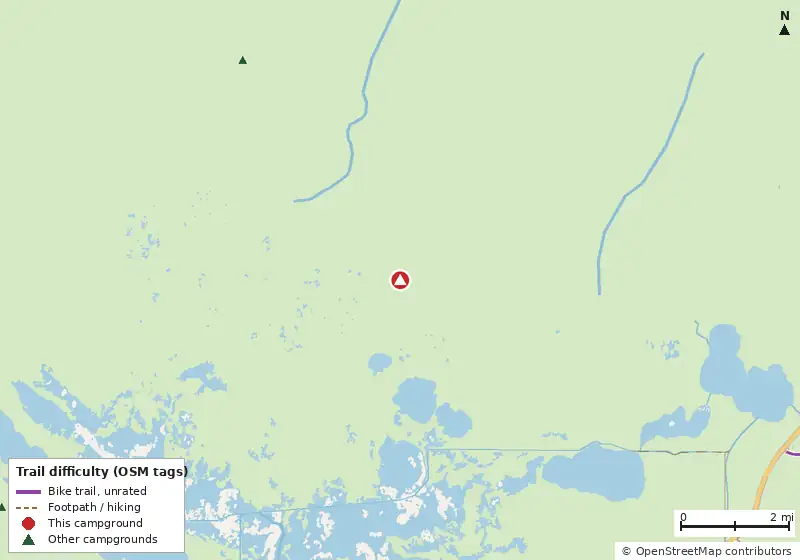 Map of roads, water and trails within about 5 miles of South Joe River Chickee, with bike trails colored by their OpenStreetMap difficulty tags