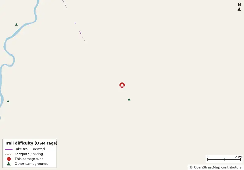 Map of roads, water and trails within about 5 miles of Southern Leisure RV Resort, with bike trails colored by their OpenStreetMap difficulty tags