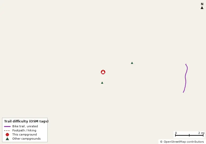 Map of roads, water and trails within about 5 miles of Southern Retreat RV Park, with bike trails colored by their OpenStreetMap difficulty tags