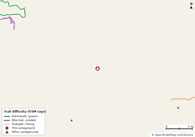 Map of roads, water and trails within about 5 miles of Sportsman's Cove Campground, with bike trails colored by their OpenStreetMap difficulty tags
