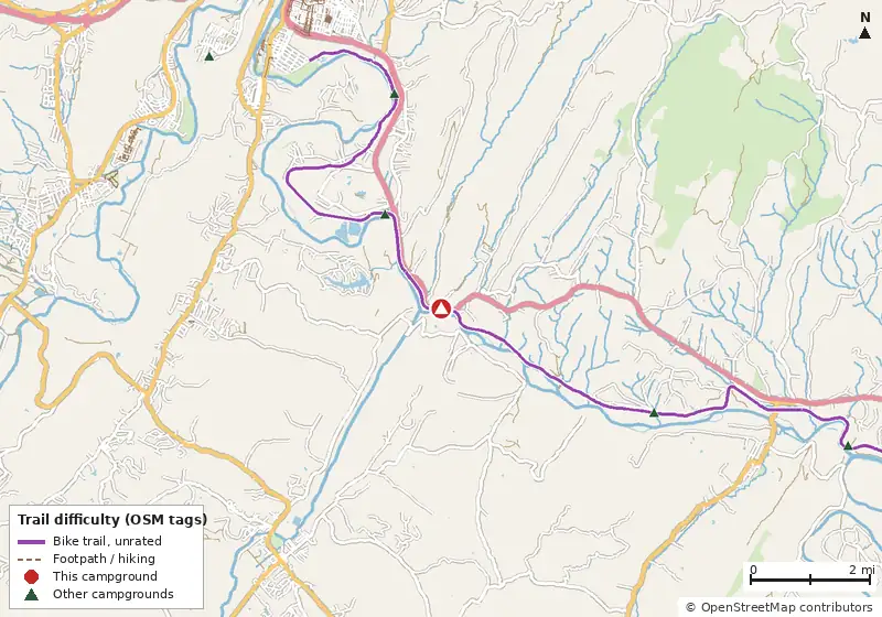 Map of roads, water and trails within about 5 miles of Spring Gap Campground, with bike trails colored by their OpenStreetMap difficulty tags