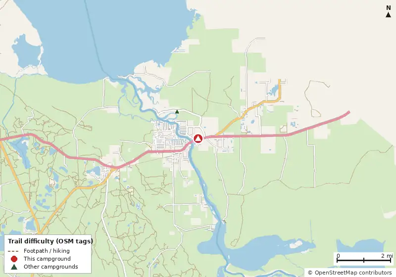 Map of roads, water and trails within about 5 miles of St Johns River Camp Ground Inc