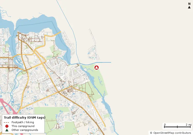 Map of roads, water and trails within about 5 miles of St. Lucie Inlet Preserve State Park Campground