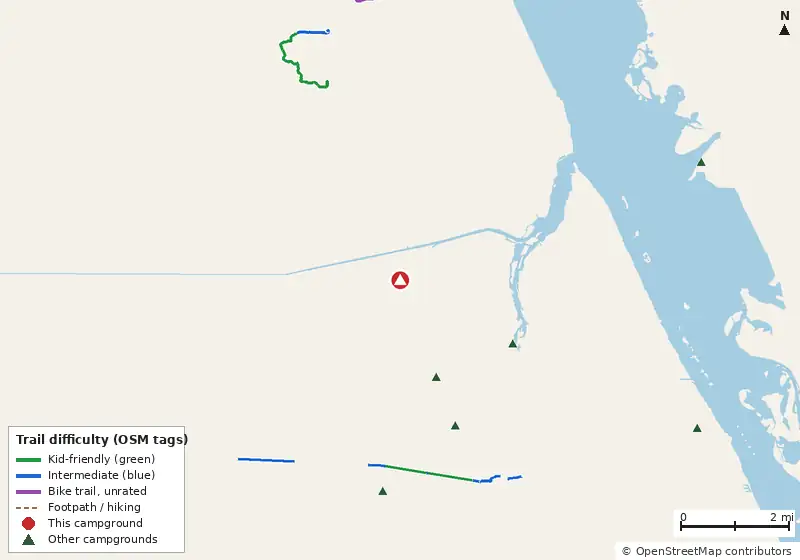 Map of roads, water and trails within about 5 miles of St. Sebastian River Preserve State Park Campground, with bike trails colored by their OpenStreetMap difficulty tags