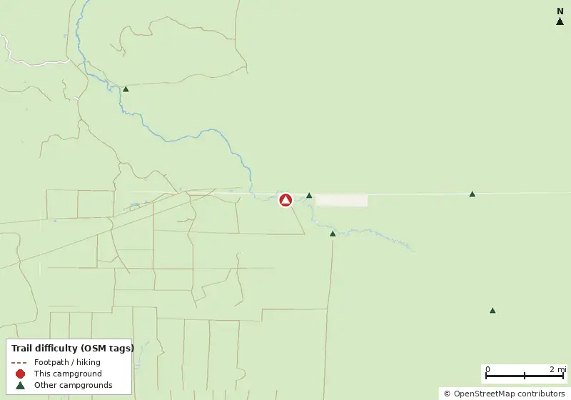 Map of roads, water and trails within about 5 miles of Sumatra Camp
