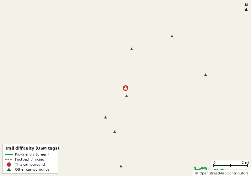 Map of roads, water and trails within about 5 miles of Sundance Lakes, with bike trails colored by their OpenStreetMap difficulty tags
