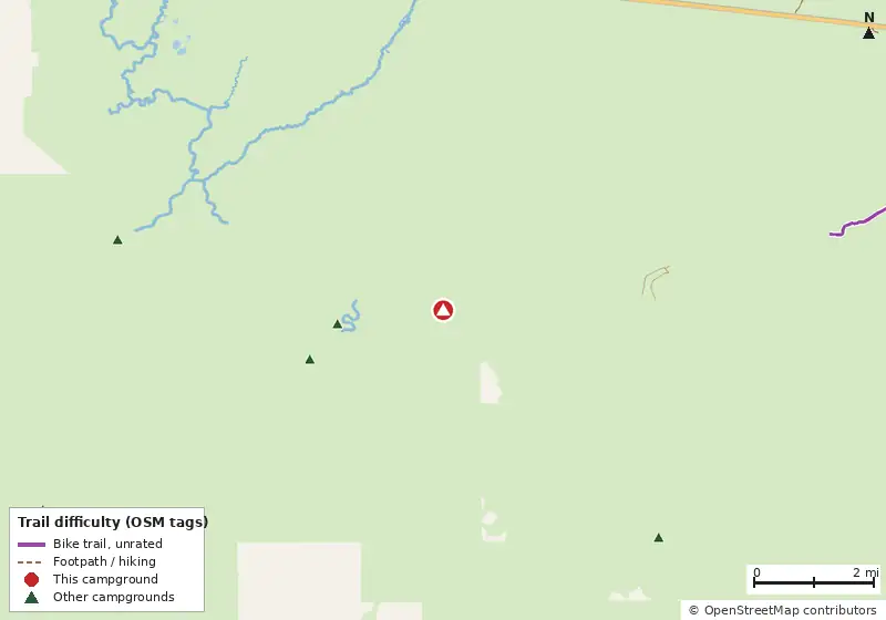 Map of roads, water and trails within about 5 miles of Sunday Bay Chickadee #1, with bike trails colored by their OpenStreetMap difficulty tags