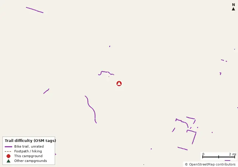 Map of roads, water and trails within about 5 miles of Sunshine RV Park, with bike trails colored by their OpenStreetMap difficulty tags