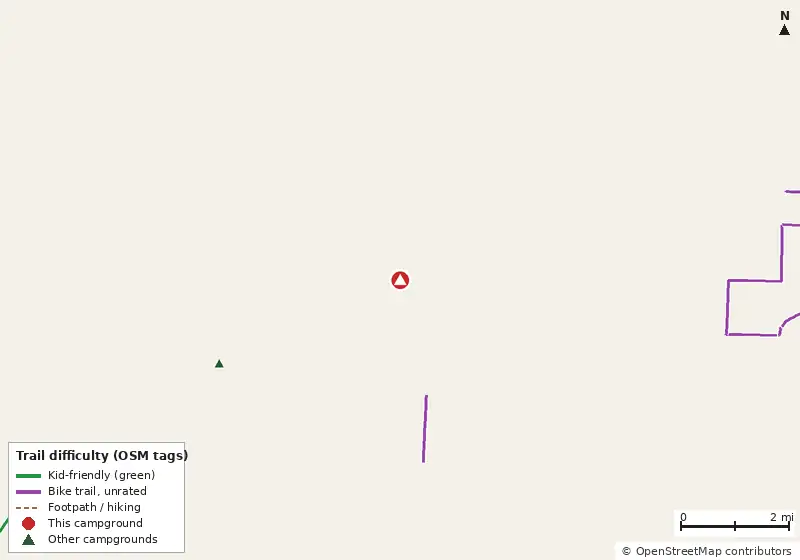 Map of roads, water and trails within about 5 miles of Sunsport Gardens, with bike trails colored by their OpenStreetMap difficulty tags