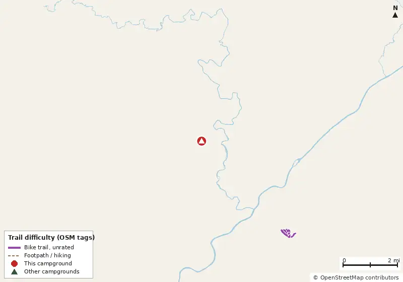 Map of roads, water and trails within about 5 miles of Sweetwater Creek State Park Campground, with bike trails colored by their OpenStreetMap difficulty tags