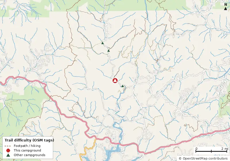 Map of roads, water and trails within about 5 miles of Tallulah River Campground