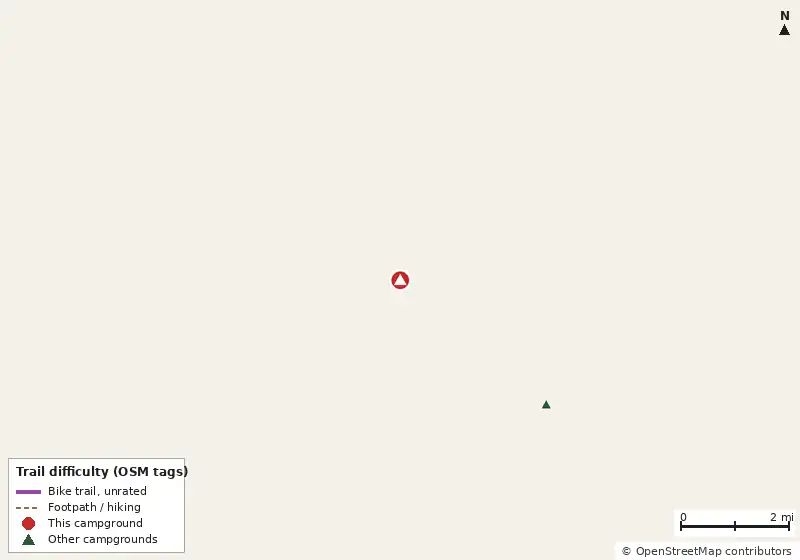Map of roads, water and trails within about 5 miles of The Hideout Storage Park, with bike trails colored by their OpenStreetMap difficulty tags