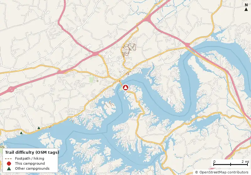 Map of roads, water and trails within about 5 miles of The Point RV Park