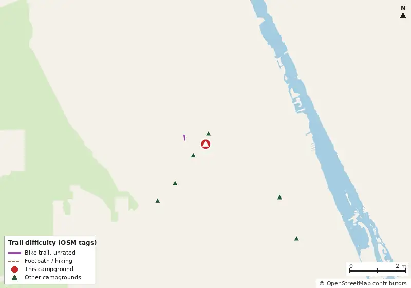Map of roads, water and trails within about 5 miles of The Shores at Lake Lloyd, with bike trails colored by their OpenStreetMap difficulty tags