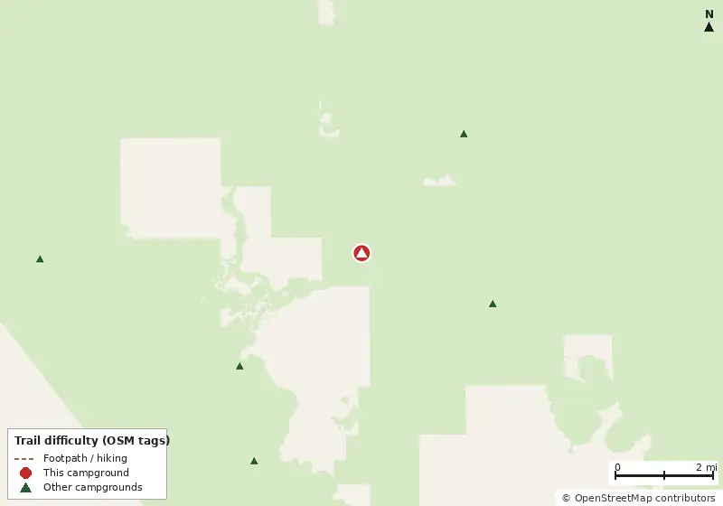 Map of roads, water and trails within about 5 miles of The Watson Place Campsite