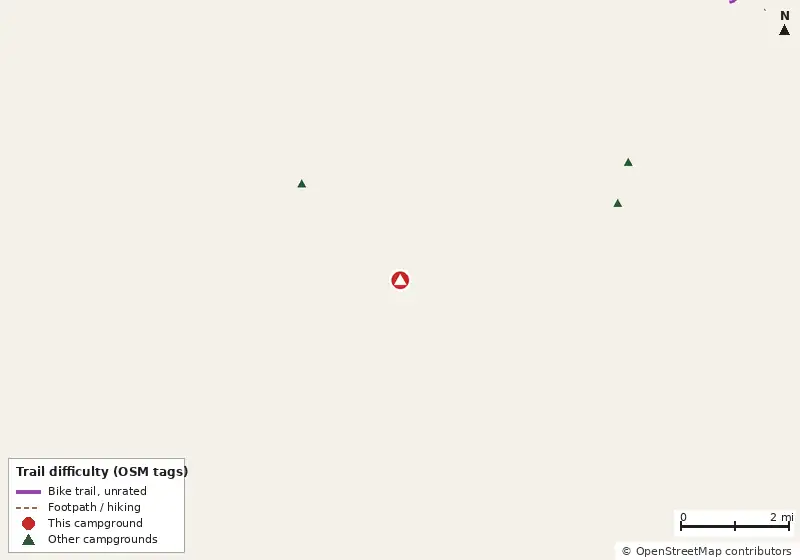 Map of roads, water and trails within about 5 miles of Themeworld RV Resort, with bike trails colored by their OpenStreetMap difficulty tags