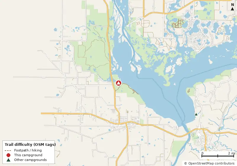 Map of roads, water and trails within about 5 miles of Three Rivers State Park Campground