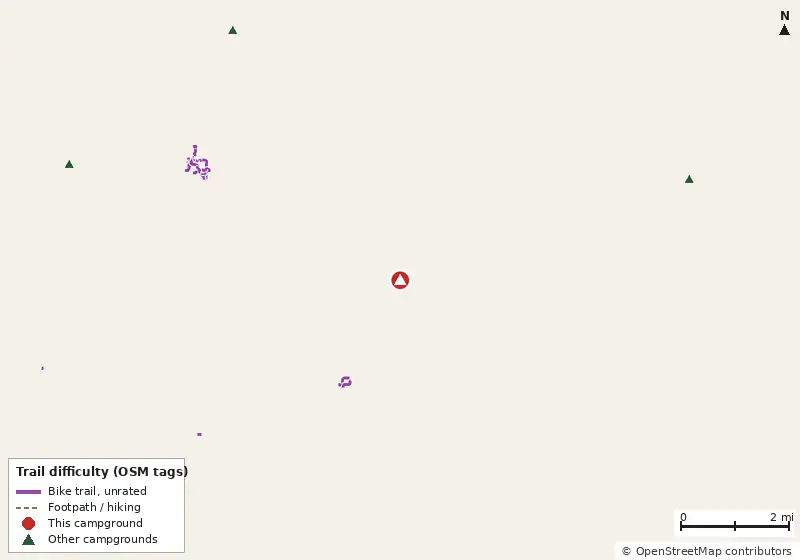 Map of roads, water and trails within about 5 miles of Timuquan, with bike trails colored by their OpenStreetMap difficulty tags