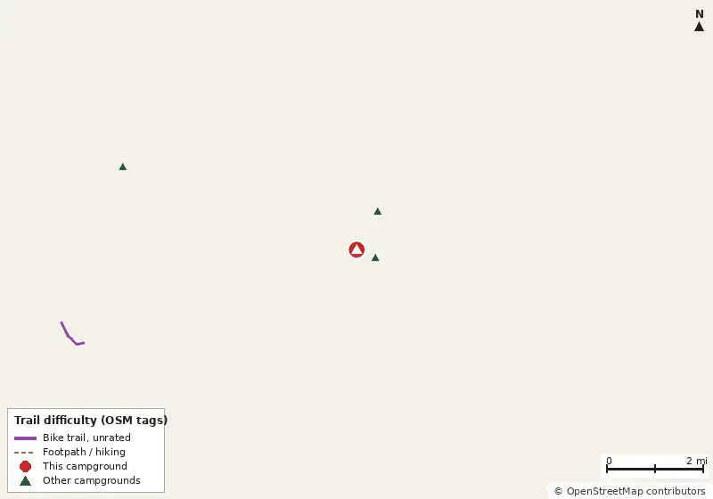 Map of roads, water and trails within about 5 miles of Toad Hollow, with bike trails colored by their OpenStreetMap difficulty tags
