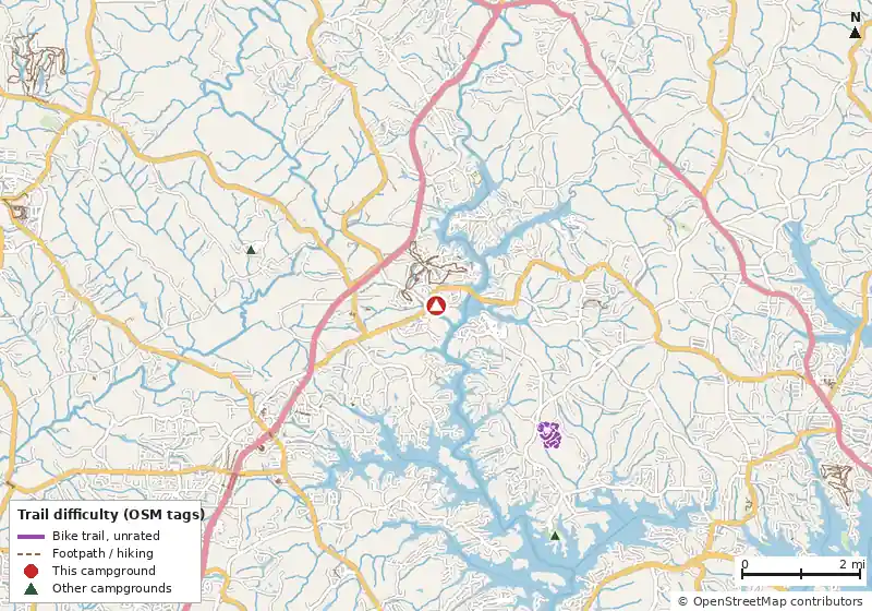 Map of roads, water and trails within about 5 miles of Toto Creek Campground, with bike trails colored by their OpenStreetMap difficulty tags