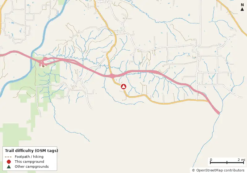 Map of roads, water and trails within about 5 miles of Triple C's Campground and RV Park