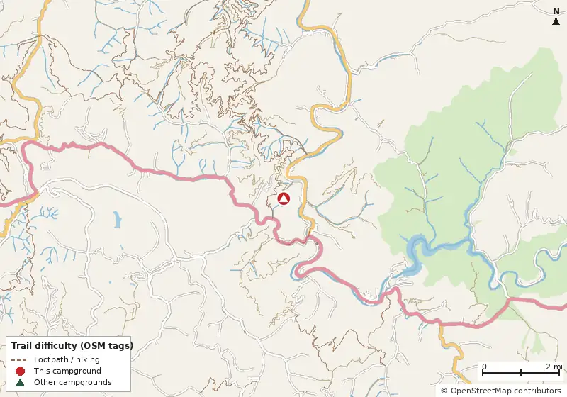 Map of roads, water and trails within about 5 miles of Twin Hollow Campground
