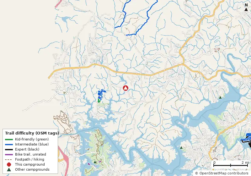Map of roads, water and trails within about 5 miles of Upper Stamp Creek Campground, with bike trails colored by their OpenStreetMap difficulty tags