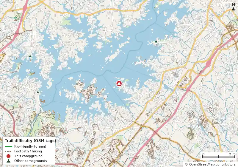 Map of roads, water and trails within about 5 miles of Van Pug South Campground, with bike trails colored by their OpenStreetMap difficulty tags