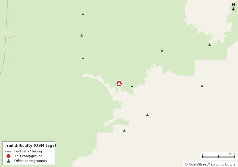 Map of roads, water and trails within about 5 miles of Warren Bluff Camp