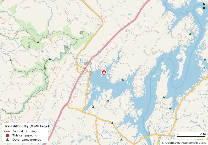 Map of roads, water and trails within about 5 miles of Waters Edge