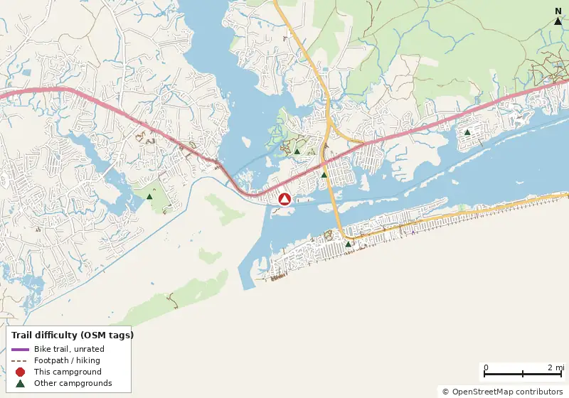 Map of roads, water and trails within about 5 miles of Waterway RV Resort, with bike trails colored by their OpenStreetMap difficulty tags