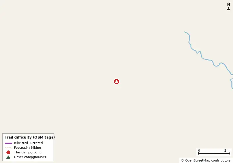 Map of roads, water and trails within about 5 miles of Watson Mill Bridge State Park Campground, with bike trails colored by their OpenStreetMap difficulty tags