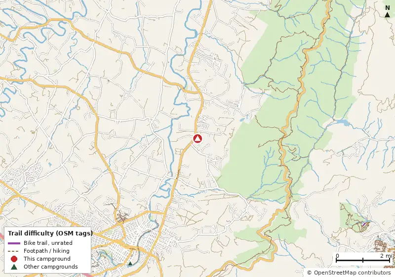 Map of roads, water and trails within about 5 miles of Waynesboro 340 N Campground, with bike trails colored by their OpenStreetMap difficulty tags