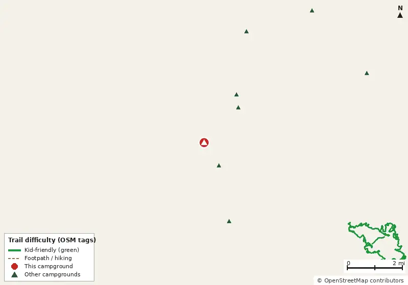 Map of roads, water and trails within about 5 miles of Werner-Boyce Salt Springs State Park Campground, with bike trails colored by their OpenStreetMap difficulty tags