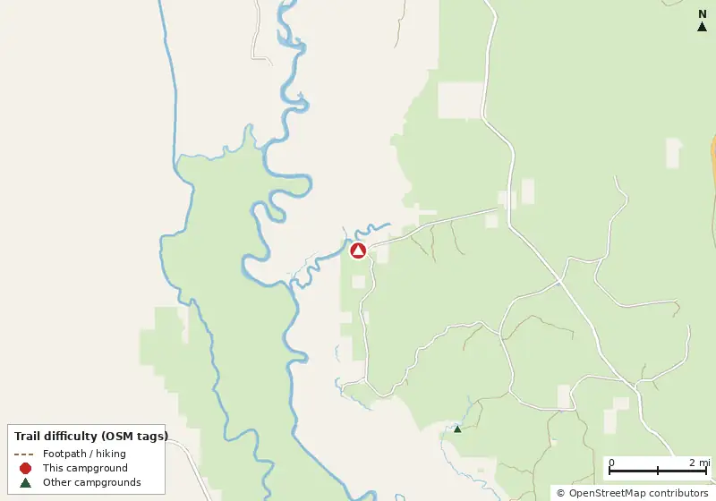 Map of roads, water and trails within about 5 miles of White Oak Landing