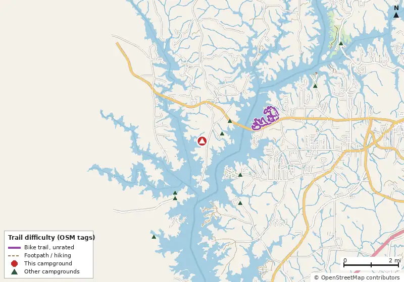 Map of roads, water and trails within about 5 miles of Whitetail Ridge, with bike trails colored by their OpenStreetMap difficulty tags