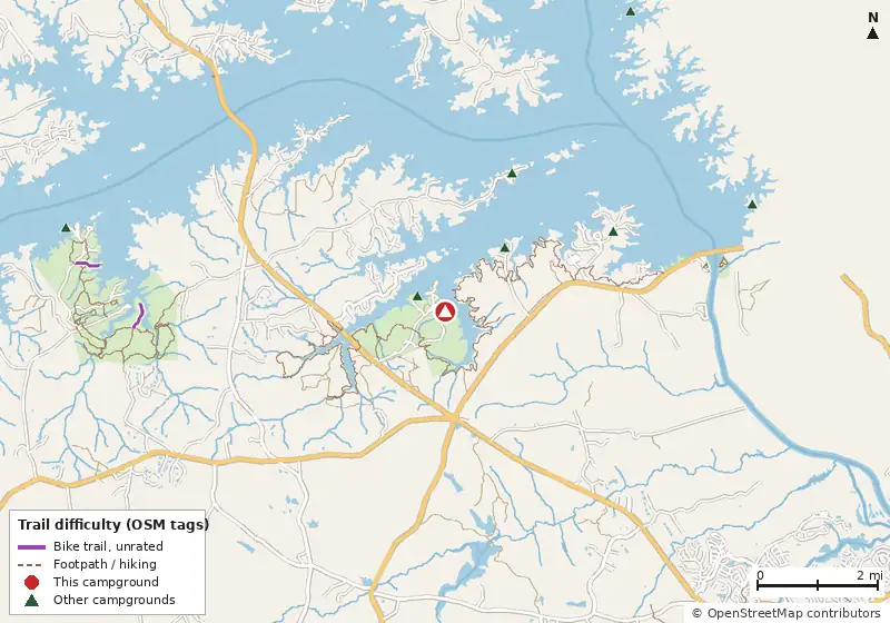 Map of roads, water and trails within about 5 miles of Wildwood Camping Area 1, with bike trails colored by their OpenStreetMap difficulty tags