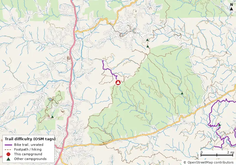 Map of roads, water and trails within about 5 miles of Wilson Gap, with bike trails colored by their OpenStreetMap difficulty tags