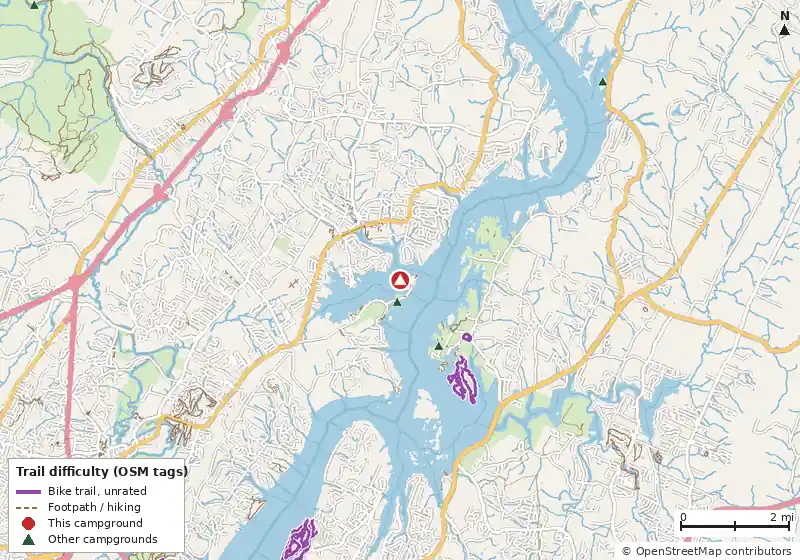 Map of roads, water and trails within about 5 miles of Windy Hills Area, with bike trails colored by their OpenStreetMap difficulty tags