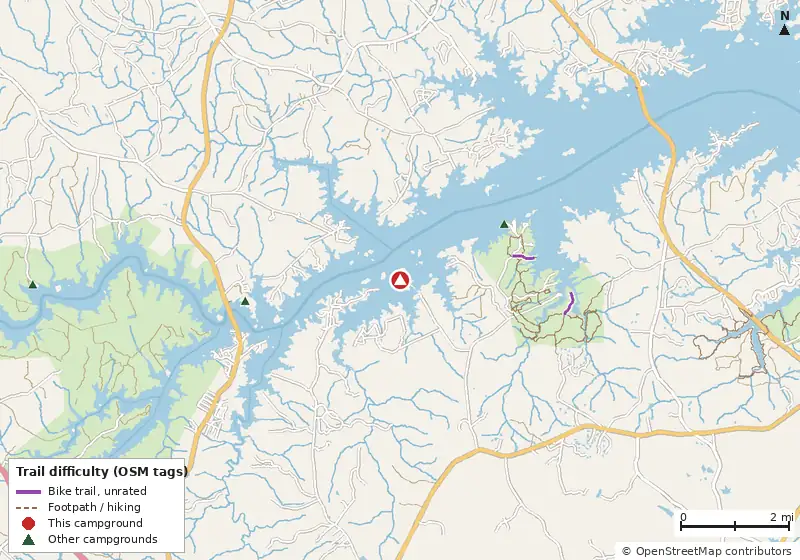 Map of roads, water and trails within about 5 miles of Winfield, with bike trails colored by their OpenStreetMap difficulty tags