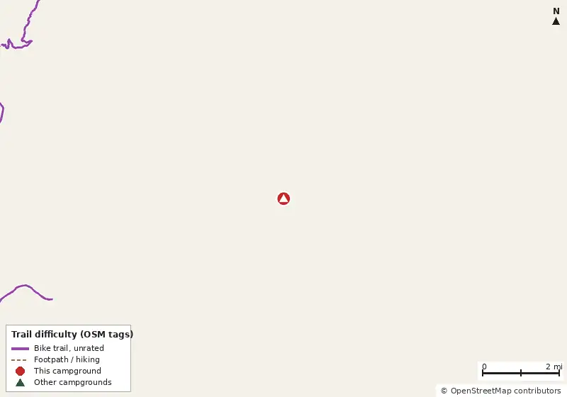 Map of roads, water and trails within about 5 miles of WinShape Cabins, with bike trails colored by their OpenStreetMap difficulty tags
