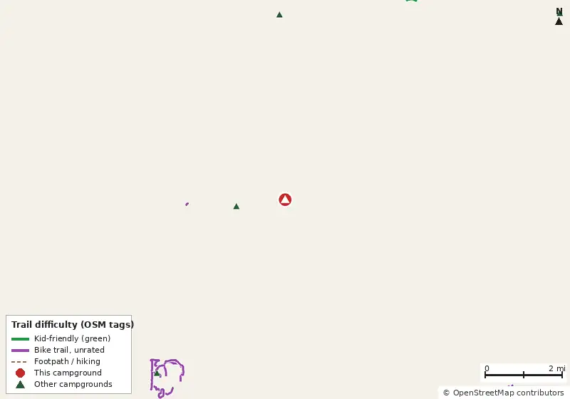 Map of roads, water and trails within about 5 miles of Winter Quarters Pasco, with bike trails colored by their OpenStreetMap difficulty tags