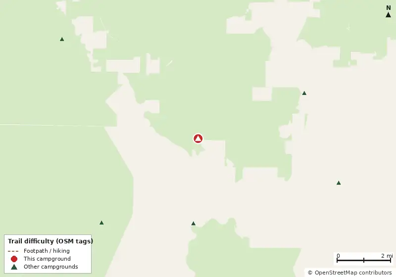 Map of roads, water and trails within about 5 miles of Woodlake Camp