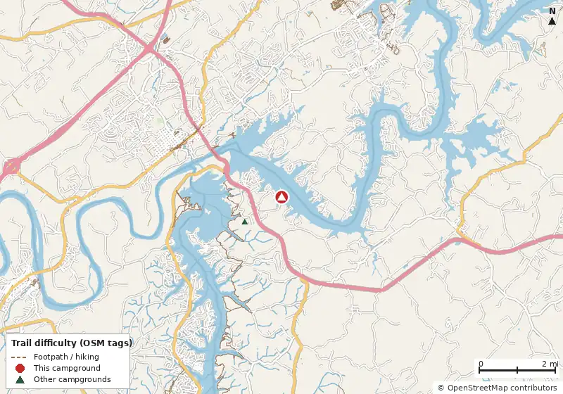 Map of roads, water and trails within about 5 miles of Yarberry Camp Ground