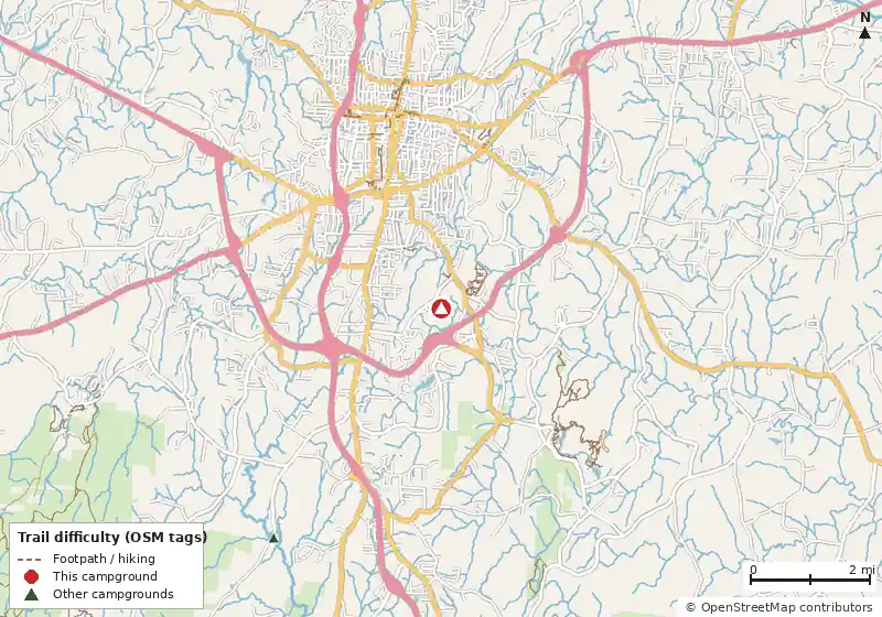 Map of roads, water and trails within about 5 miles of Yogi Bear's Jellystone Park