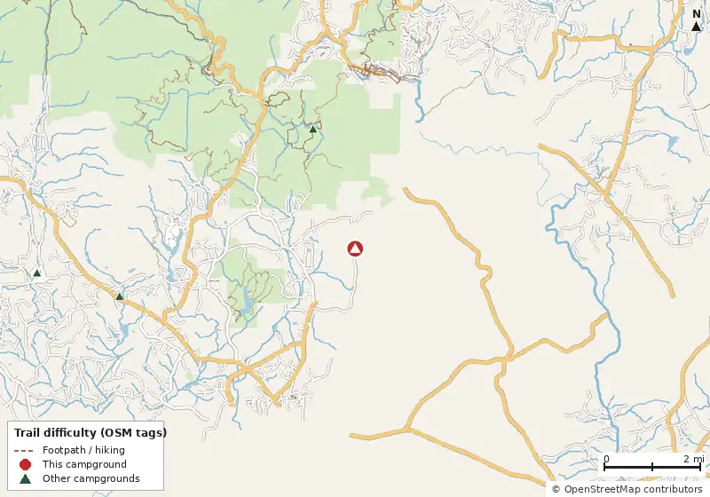 Map of roads, water and trails within about 5 miles of Yonah Mountain Campground