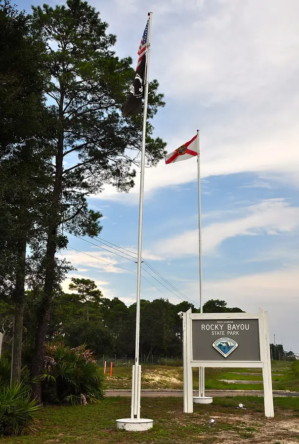 Fred Gannon Rocky Bayou State Park: The entrance for Fred Gannon Rocky Bayou State Park off Florida State Road 20.